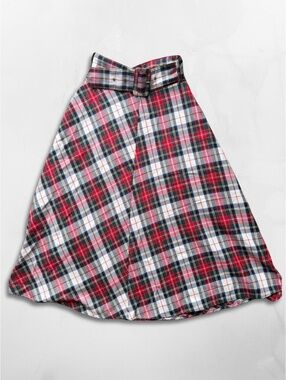 Plaid Belted Maxi High Waist Skirt Red White Tartan, Size S